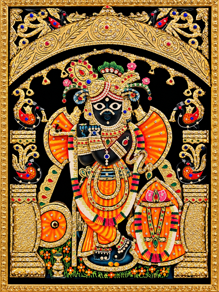 Ornate devotional artwork with a richly decorated Indian deity in a gold frame
